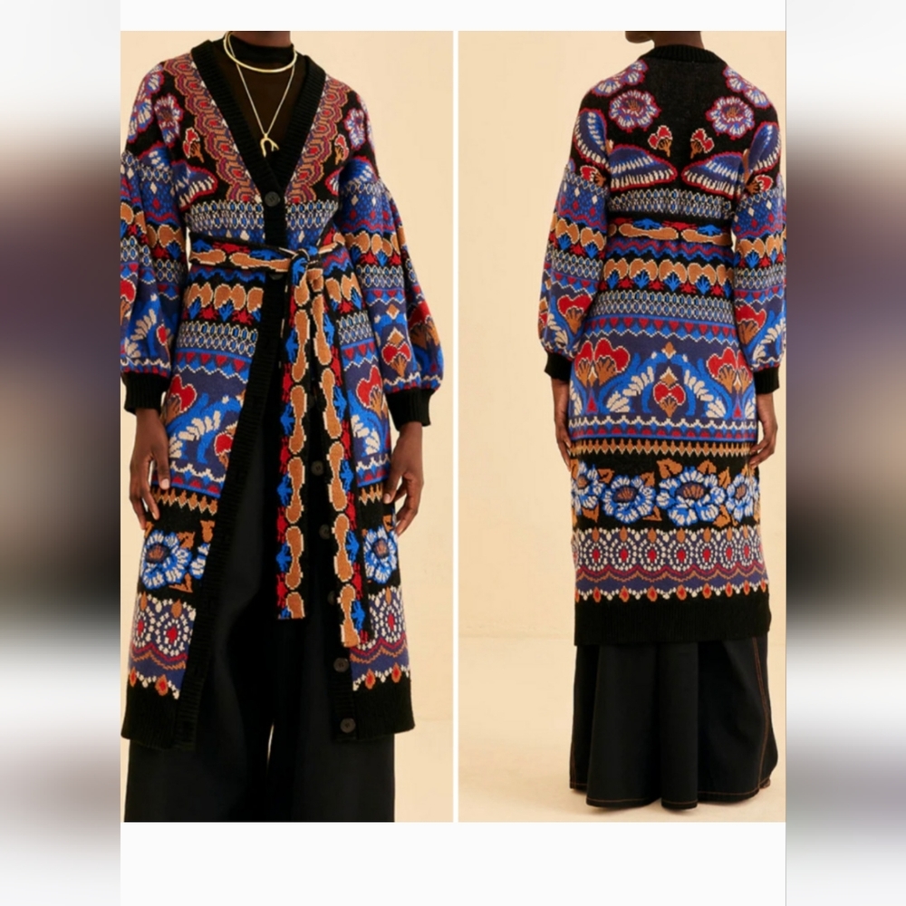 NWT FARM RIO Ainika Sparkle Black Maxi Cardigan Belt Bubble Sleeve Blue Floral M